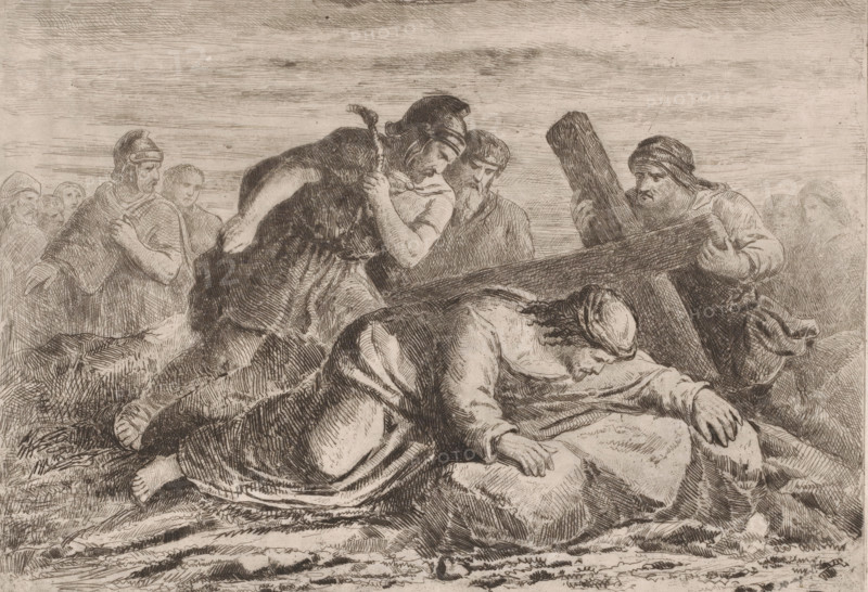 Christ falling under the burden of the cross, print, printmaker: Joseph Meganck, 1817 - 1891, paper, etching, intaglio printmaking technique, drypoint, plate tone and drypoint, height 185 mm x width 259 mm, Person, Jesus Christ, Christ collapsing, carrying of the cross, A monochrome etching shows a group of people clustered around a fallen figure who lies face down on a draped surface, head bowed and wearing a simple head covering, with one arm extended and hand resting palm down. A heavy wooden beam crosses the scene, held by a bearded man wearing a cap on the right and supported by others nearby. Several figures in varied garments and headwear strain or lean toward the central figure, one gripping a rope over his shoulder and another kneeling or bending close to the fallen person. In the background a loosely sketched crowd forms a horizontal band, and the sky above is filled with horizontal hatch marks; textured lines and crosshatching define folds in clothing, facial features, and t...