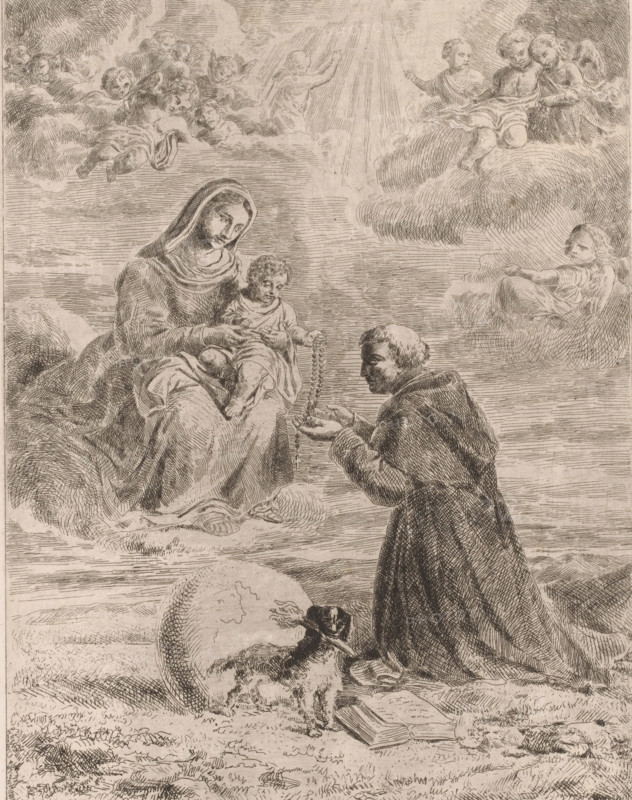 Appearance of Mary with the Christ Child to Saint Dominic, print, Christ gives a rosary to Dominic., inscription: '1 Etat', printmaker: Joseph Meganck, 1817 - 1891, paper, etching, intaglio printmaking technique, etching with plate tone, height 335 mm x width 254 mm, Dominic(us) Guzman of Calerueja, founder of the Order of Preachers (or Dominican (Black) Friars, possible attributes: book, dog with flaming torch, lily, loaf of bread, rosary, star, the Virgin Mary (or the infant Christ in her lap) hands over a rosary to St. Dominic, who kneels before her, usually St. Catharine of Siena is also present, A seated woman with a head covering holds a small child on her lap while offering a beaded object toward a kneeling man in a robe whose hands are cupped to receive it, both figures positioned on clouds; surrounding them are multiple cherubic figures among more clouds and rays of light descending from above; in the lower foreground a small dog stands near an open book and a globe-like spher...