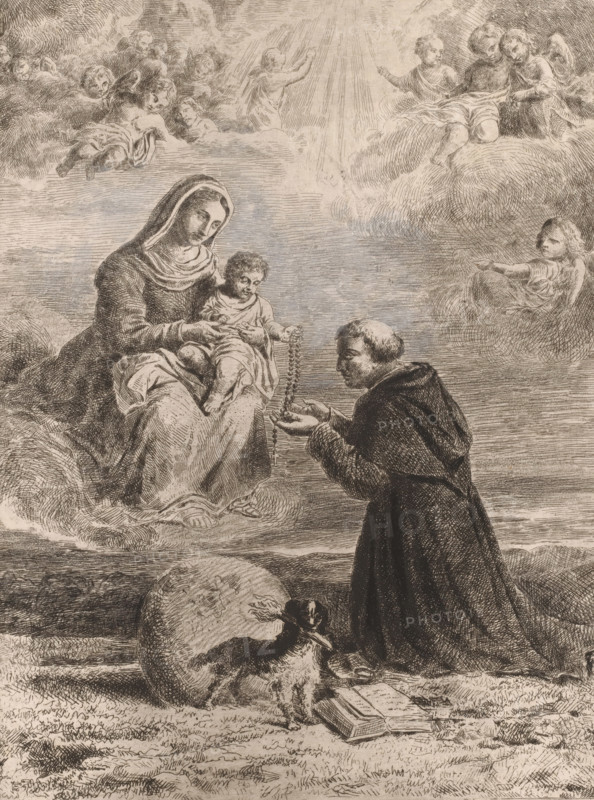 Appearance of Mary with the Christ Child to Saint Dominic, print, Christ gives a rosary to Dominic., inscription: '2e Etat', printmaker: Joseph Meganck, 1817 - 1891, inorganic material, paper, chalk, etching, intaglio printmaking technique, etching with plate tone, edited with white and black chalk, height 340 mm x width 250 mm, Dominic(us) Guzman of Calerueja, founder of the Order of Preachers (or Dominican (Black) Friars, possible attributes: book, dog with flaming torch, lily, loaf of bread, rosary, star, the Virgin Mary (or the infant Christ in her lap) hands over a rosary to St. Dominic, who kneels before her, usually St. Catharine of Siena is also present, A seated woman wearing a draped head covering and long flowing robes holds a small child on her lap while offering a string of beads that dangles toward a kneeling man in a dark cloak whose hands are cupped to receive them; the figures sit among softly rendered clouds populated by several cherubic faces and small winged childre...