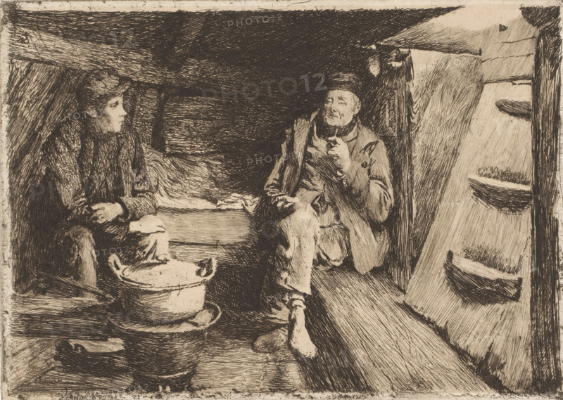 Two men in a low space around a cooking pot, print, printmaker: Charles Mertens, 1892, paper, chine collé, etching, intaglio printmaking technique, etching with plate tone on chine collé, height 129 mm x width 181 mm, staircase, kitchen-utensils: pot, adult man (two persons), interior, representation of a building, A monochrome etching shows two seated figures facing each other inside a confined interior with slanted beams and rough wooden surfaces; the figure on the left appears younger with hair pulled back and hands clasped, sitting beside a large basin and pot, while the figure on the right appears older, wearing a coat and cap and holding a small object near the face; heavy cross-hatched shadows fill the upper central area, a narrow plank floor and angled wall occupy the right side with three recessed ledges, and textured lines render clothing, wood grain, and a sense of dim light throughout the scene.