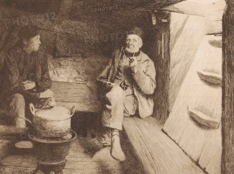 Two men rest in the hold of a ship, print, printmaker: Charles Mertens, Belgium, 1875 - 1913, paper, etching, intaglio printmaking technique, height 239 mm x width 313 mm, seaman, parts of ship's interior, A sepia-toned sketch shows an interior scene with two seated figures facing each other; one figure on the left appears younger with short hair and hands near a large pot or basin on the floor, while the other figure on the right appears older, wearing a cap and coat and holding something up near the face. The space includes a plank floor, rough textured walls, beams above, and a bright opening at the right edge revealing horizontal shapes outside. Shadows and crosshatched lines create depth and contrast throughout the composition.