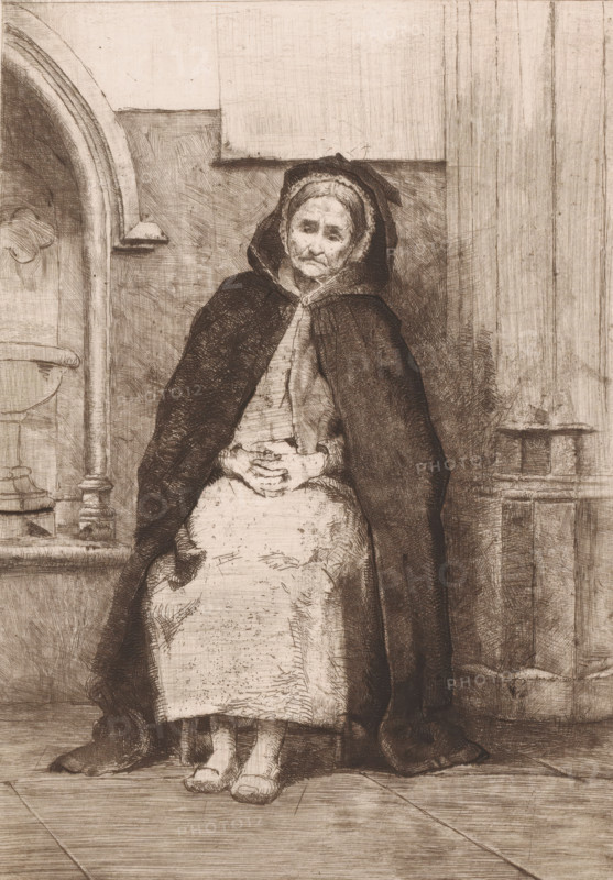 Old beggar woman seated in front of the Basilica of Our Lady of Scherpenheuvel, print, inscription: '1e état', printmaker: Charles Mertens (signed by artist), 1883, paper, etching, intaglio printmaking technique, drypoint, plate tone and drypoint, height 270 mm x width 196 mm, old woman, beggar, place of pilgrimage, sacred place, Scherpenheuvel, Basilica of Our Lady of Scherpenheuvel, An elderly woman sits facing forward wearing a dark hooded cloak over a light dress and apron, her hands clasped in her lap, a lined face with a neutral expression framed by a bonnet, bare feet visible beneath the hem, and she is positioned against a textured wall with an arched niche to one side and architectural paneling on the other.