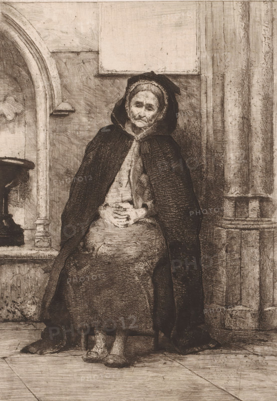 Old beggar woman seated in front of the Basilica of Our Lady of Scherpenheuvel, print, inscription: '2e état', printmaker: Charles Mertens (signed by artist), 1883, paper, etching, intaglio printmaking technique, drypoint, plate tone and drypoint, height 270 mm x width 197 mm, old woman, beggar, place of pilgrimage, sacred place, Scherpenheuvel, Basilica of Our Lady of Scherpenheuvel, An elderly woman sits on a simple stool against a stone wall, wearing a dark hooded cloak over a layered dress and a close-fitting cap, her hands folded in her lap and her feet in plain shoes; the scene shows nearby architectural elements including a rounded niche with a ledge and a column with fluted detailing, and the image is rendered in fine ink or etching lines with a muted, monochrome tone.