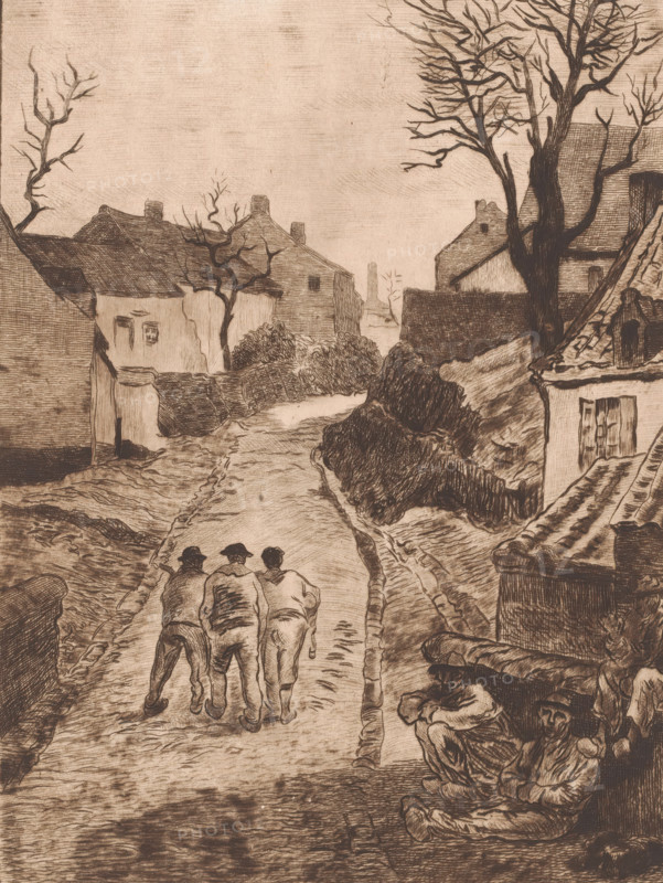 Three men walking on a road in a mining village, print, printmaker: Karl Meunier, after painting by Constantin Emile Meunier, 1892, paper, etching, intaglio printmaking technique, drypoint, plate tone and dry needle, height 299 mm x width 208 mm, public road in village, village, laborers returning home, miner, A sepia-toned sketch of a village street flanked by houses and bare trees, showing three figures walking away from the viewer down a rutted road, rooflines and chimneys of cottages on either side, leafless branches reaching into the sky, dense hedges and rough stone walls along the roadside, a crouched figure seated near the foreground beside a building with a shuttered window, textured shading across rooftops, paths, and ground creating a worn, rustic atmosphere.