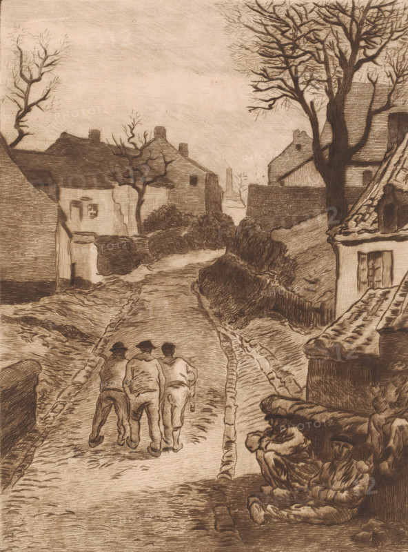Three men walking on a road in a mining village, print, printmaker: Karl Meunier, after painting by Constantin Emile Meunier, 1892, paper, etching, intaglio printmaking technique, drypoint, plate tone and dry needle, height 300 mm x width 206 mm, public road in village, village, laborers returning home, miner, A sepia-toned etching of a village street lined with houses and bare trees, showing a group of three figures walking away from the viewer along a rutted road, rooftops and chimneys on either side, leafless trees with intricate branches rising above the buildings, hedges and stone walls flanking the path, a figure sitting on a rooftop edge to the right, and two seated figures bundled in heavy clothing near the lower right corner.
