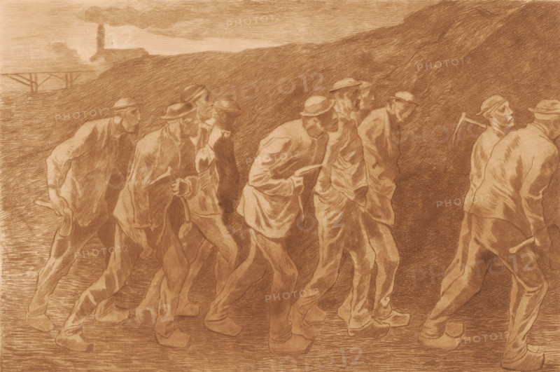 Ten miners on their way to work, print, inscription: '2 em Etat', printmaker: Karl Meunier, after design by Constantin Emile Meunier (attributed to), 1874 - 1894, Attributed to, paper, etching, intaglio printmaking technique, etching with plate tone, height 208 mm x width 299 mm, miner, A monochromatic drawing shows a group of standing figures walking in profile across the foreground, each dressed in loose clothing and hats and holding tools with long handles; the figures are rendered with detailed shading and contoured lines that emphasize folds in their garments and the motion of their legs and arms. The background features a sloping, textured hillside that rises behind the figures, and a distant structure with a tall vertical chimney that emits a plume of smoke, visible against a sky filled with horizontal hatch marks. The ground beneath the figures is indicated with closely spaced horizontal strokes, and the overall image uses tonal variations created by crosshatching and linear sh...