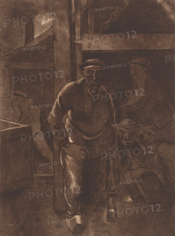 Miners returning from the mine, print, inscription: 'Il a été tire de cette plouche 2 épreuves seulement, No 1', printmaker: Karl Meunier (signed by artist), after design by Constantin Emile Meunier (attributed to), 1874 - 1894, Attributed to, paper, etching, intaglio printmaking technique, etching with plate tone, height 296 mm x width 208 mm, lantern, miner, shafts and galleries (of a mine), A sepia-toned drawing shows three men in work clothes inside a dim, industrial interior with wooden beams and metal chains overhead; the central figure faces forward wearing a cap and a sweater, leaning on a cane or stick with visible hands and worn shoes, while a second man in a cap is partially visible behind him and a third crouches to the side with a cap and lowered head; rough textures and crosshatched shading define the clothing, faces, and surrounding wooden and metal structures, and a large rectangular object sits near the left edge.