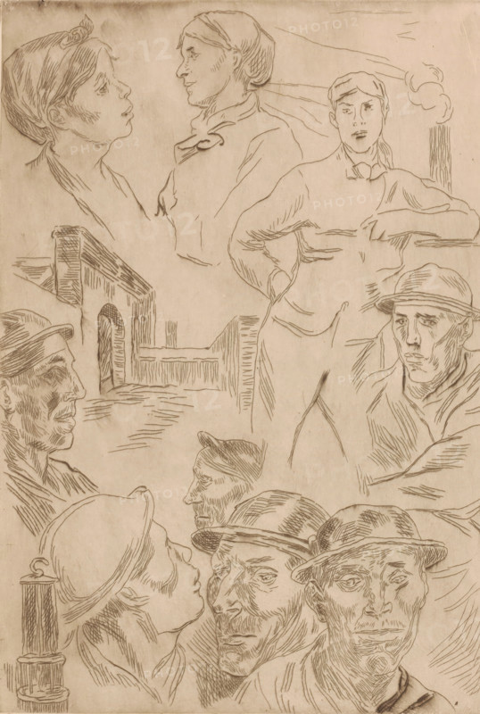 Various figure types from mining, print, inscription: '1er Etat', printmaker: Karl Meunier (signed by artist), 1874 - 1894, paper, etching, intaglio printmaking technique, etching with plate tone, height 298 mm x width 205 mm, human types, mine, miner, A sepia-toned pencil or ink drawing showing multiple loosely sketched human faces and partial figures arranged across the surface. At the top left a profile of a young person looking upward with a headscarf, and nearby a three-quarter profile of a person facing right with hair covered, both rendered with delicate contour lines. Toward the upper right a frontal figure stands with hands on hips and a neutral expression, and a separate male face wearing a brimmed hat appears with a downward gaze. In the middle area an architectural element resembling an arched bridge or gate is drawn with vertical and horizontal hatch marks, and a reclining or leaning figure with folded arms overlaps this section. The lower portion contains several overlapp...
