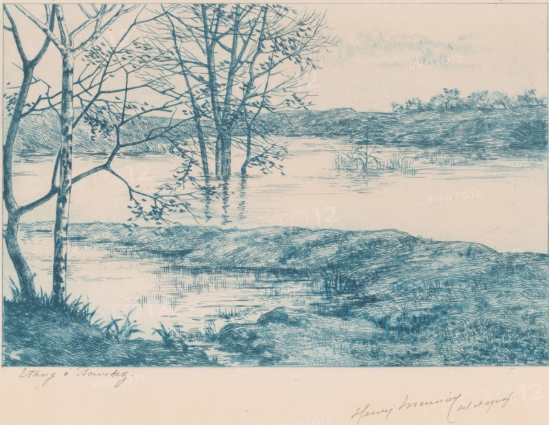 Waterplas in Bourlers, print, inscription: 'Etang à Bourlez', printmaker: Marc Henry Meunier (signed by artist), 1883 - 1913, paper, etching, intaglio printmaking technique, drypoint, plate tone and drypoint in blue, height 245 mm x width 298 mm, water course, Bourlers, A blue-toned line drawing of a lakeside scene showing slender trees with bare branches in the foreground and middle distance, their trunks and branches reflected in calm water, grassy banks and rocks along the shoreline, distant low hills and a treeline across the water, and a sky with light, wispy cloud marks.