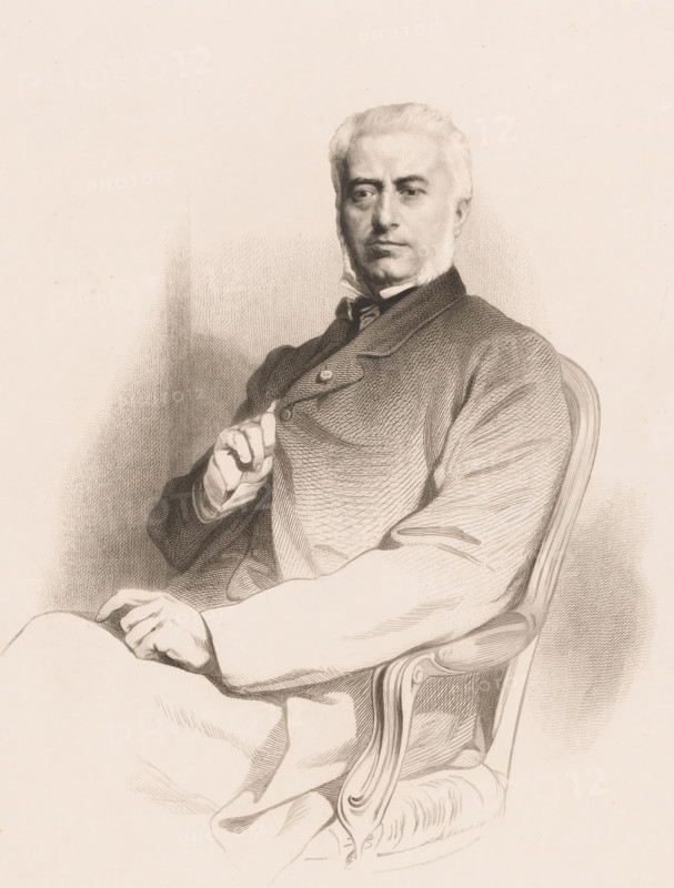 Portrait of André-Napoléon Fontainas, print, printmaker: attributed to Jean-Baptiste Meunier, 1831 - 1900, Attributed to, paper, chine collé, etching, engraving, etching and engraving on chine collé, height 415 mm x width 318 mm, Person, André-Napoléon Fontainas, historical persons, adult man, chair, A seated man rendered in a detailed monochrome drawing, shown from the torso up and turned slightly to his right, with short light hair and sideburns, a calm facial expression, and eyes looking forward; he wears a dark textured jacket over a waistcoat and a high-collared shirt with a tied neckcloth, one hand resting on his chest holding the lapel and the other hand relaxed on his knee, and he sits in an upholstered armchair with a carved wooden arm visible.