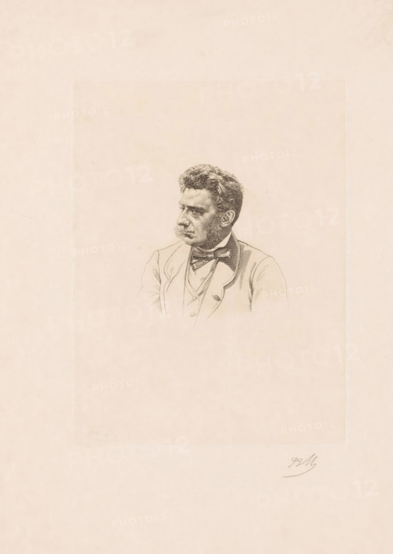 Portrait of Louis Hymans, print, printmaker: Jean-Baptiste Meunier (signed by artist), 1831 - 1900, paper, etching, height 198 mm x width 148 mm, Person, Louis Hymans, historical persons, adult man, A sepia-toned pencil portrait of a man shown from the chest up, facing left with a three-quarter profile, featuring curly hair, pronounced sideburns, and a contemplative facial expression; he wears a jacket over a vest and a bow tie, and the drawing is centered on a large pale rectangular sheet with wide blank margins.