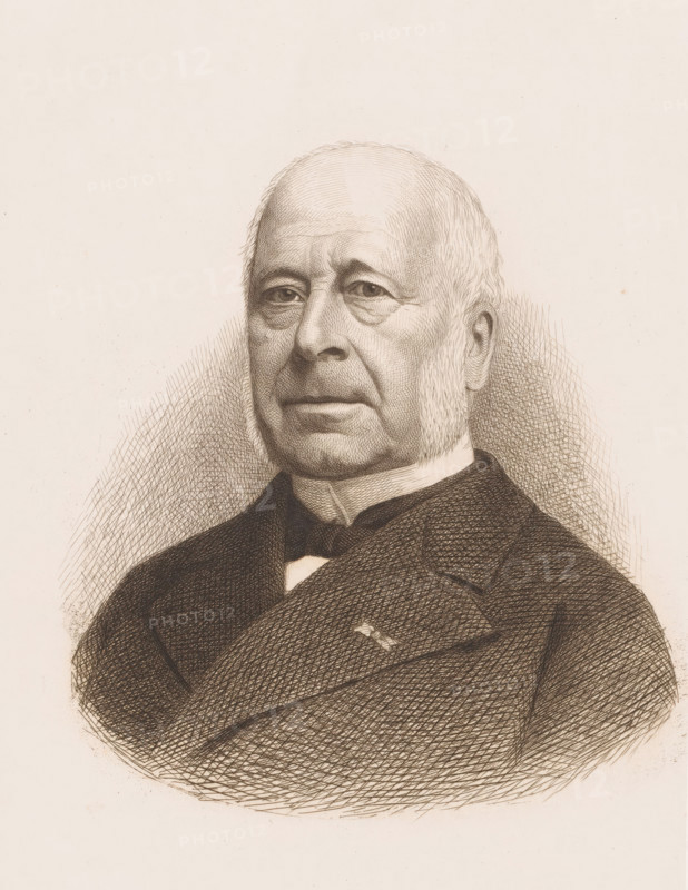 Portrait of Armand Augez, print, inscription: '1e Epreuve d ...', printmaker: Jean Baptiste Pierre Michiels (signed by artist), 1831 - 1890, paper, chine collé, etching, intaglio printmaking technique, etching with plate tone on chine collé, height 300 mm x width 197 mm, Person, Armand Augez, historical persons, A detailed sepia-toned portrait of an older man shown from the chest up, rendered with fine crosshatching lines; he has a high forehead with thinning hair, prominent sideburns, and a solemn facial expression with slightly downturned lips and visible wrinkles around his eyes and brow; he wears a dark coat with a high collar and a light-colored shirt beneath, and the background is plain with subtle textured shading around the figure.