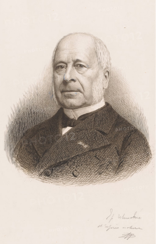 Portrait of Armand Augez, print, inscription: 'Ep retouchée d'apres nature', printmaker: Jean Baptiste Pierre Michiels (signed by artist), 1831 - 1890, Jean Baptiste Pierre Michiels, printmaker, materials by function, paper, chine collé, ink, etching, intaglio printmaking technique, etching with plate tone on chine collé, edited with pen, height 300 mm x width 197 mm, Person, Armand Augez, historical persons, A detailed pencil portrait of an older man shown from the chest up, facing forward with a neutral expression, short hair and distinctive sideburns, wearing a dark formal coat with a high collar and a bow at the neck, finely hatched shading around the head and shoulders creating a textured background against a pale sheet of paper.