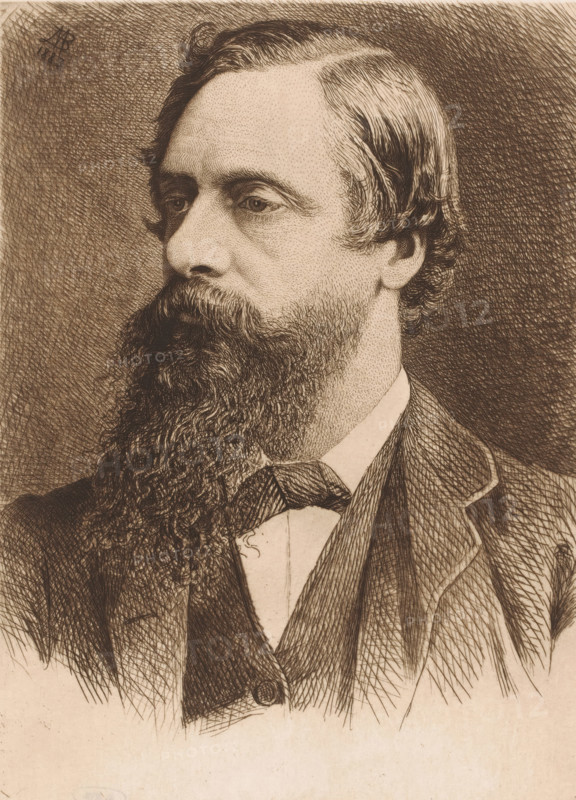 Portrait of Frederick Cavendish, print, inscription: '1e Ep avant la lettre', printmaker: Jean Baptiste Pierre Michiels (signed by artist), 1883, paper, etching, intaglio printmaking technique, etching with plate tone, height 300 mm x width 224 mm, Person, Frederick Cavendish, historical persons, adult man, beard, A sepia-toned etched portrait of a man shown from the shoulders up in three-quarter profile facing left, with wavy hair combed to the side and a full, thick beard and mustache, detailed cross-hatching shading across the face and background, visible eyes looking slightly downward, a high-collared shirt with a bow tie, and a jacket and waistcoat with fine engraved texture.