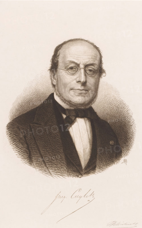 Portrait of Jacques Cuylits, Jacq. Cuylits, print, printmaker: Jean Baptiste Pierre Michiels (signed by artist), 1831 - 1890, paper, chine collé, etching, etching on chine collé, height 296 mm x width 199 mm, Person, Jacques Cuylits, historical persons, adult man, beard, eyeglasses, spectacles, A sepia-toned engraved portrait of a middle-aged man shown from the chest up, wearing round eyeglasses and a dark formal coat with a high collar and a bow tie over a light waistcoat, his hair receding at the top with short side hair and mutton-chop style facial hair framing his jaw, a neutral expression on his face, with fine crosshatching shading around his head and shoulders and a blank background surrounding the figure.