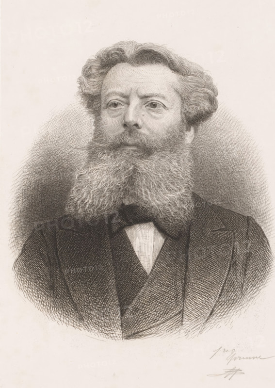 Portrait of August Michiels, print, inscription: '1re Epreuve', printmaker: Jean Baptiste Pierre Michiels (signed by artist), 1831 - 1890, paper, chine collé, etching, etching on chine collé, height 300 mm x width 210 mm, Person, August Michiels, historical persons, adult man, beard, A detailed monochrome portrait of a man from the chest up, rendered with fine line work; he has wavy hair swept back from his forehead and a full, bushy beard that extends from his cheeks down past his chin, blending into a textured mustache; his eyes look slightly to one side and his expression is neutral; he wears a dark suit jacket with a visible lapel over a vest and a high-collared shirt with a bow tie; the background is filled with circular, crosshatched shading that frames the figure.