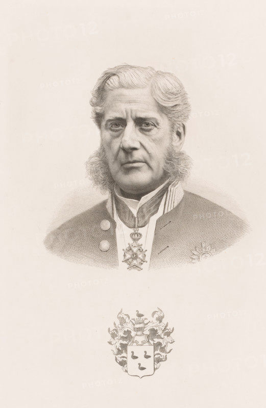 Portrait of Léopold de Wael, print, inscription: '1e Etat', printmaker: Jean Baptiste Pierre Michiels (signed by artist), 1831 - 1890, paper, chine collé, etching, etching on chine collé, height 298 mm x width 200 mm, De Wael wears the badge of the Order of Léopold around his neck., Person, Léopold De Wael, historical persons, mayor, burgomaster, armorial bearing, heraldry, adult man, A detailed monochrome portrait drawing of an older man shown from the shoulders up, with wavy hair swept back and prominent sideburns, wearing a formal coat with decorative buttons and a high collar, a ribboned neck decoration, and a star-shaped medal hanging at the throat; below the portrait a decorative heraldic shield with ornate flourishes and small bird-like figures is depicted.