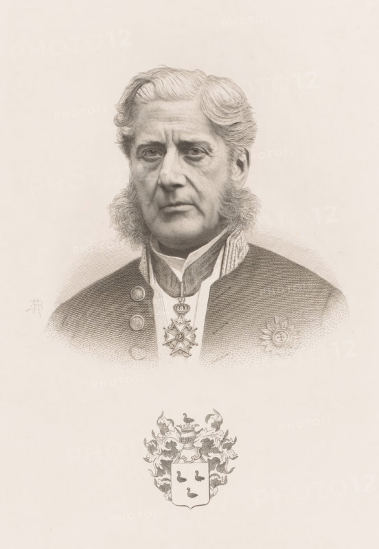 Portrait of Léopold de Wael, print, printmaker: Jean Baptiste Pierre Michiels (signed by artist), 1831 - 1890, paper, chine collé, etching, etching on chine collé, height 296 mm x width 200 mm, De Wael wears the insignia of the Order of Léopold around his neck., Person, Léopold De Wael, historical persons, mayor, burgomaster, armorial bearing, heraldry, adult man, A detailed pencil portrait of a middle-aged man shown from the chest up, with wavy hair combed back and prominent sideburns, a serious facial expression, and a high-collared uniform decorated with ornate medals and buttons, rendered on a light paper background with a decorative coat of arms below the bust.