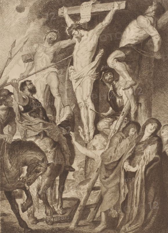 Longinus stabs the crucified Christ with a lance, print, inscription: '3me Etat', printmaker: Jean Baptiste Pierre Michiels (signed by artist), after painting by Peter Paul Rubens, 1831 - 1890, paper, chine collé, etching, intaglio printmaking technique, etching with plate tone on chine collé, height 400 mm x width 294 mm, Longinus pierces Christ's side with a lance, crucified Christ with Stephaton and, or Longinus - DD - the three crosses, A detailed sepia-toned etching shows a central male figure suspended on a wooden cross with a cloth around the waist and a crown of thorns on the head, arms outstretched and head bowed; two other crucified figures flank him, one on each side, with their bodies turned and limbs contorted. Around the crosses are several clothed and armored men, some holding spears and one seated on a horse whose head is visible in the lower left; one man in armor appears to be driving a spear or staff, and another figure climbs a ladder propped against a cross. In the...