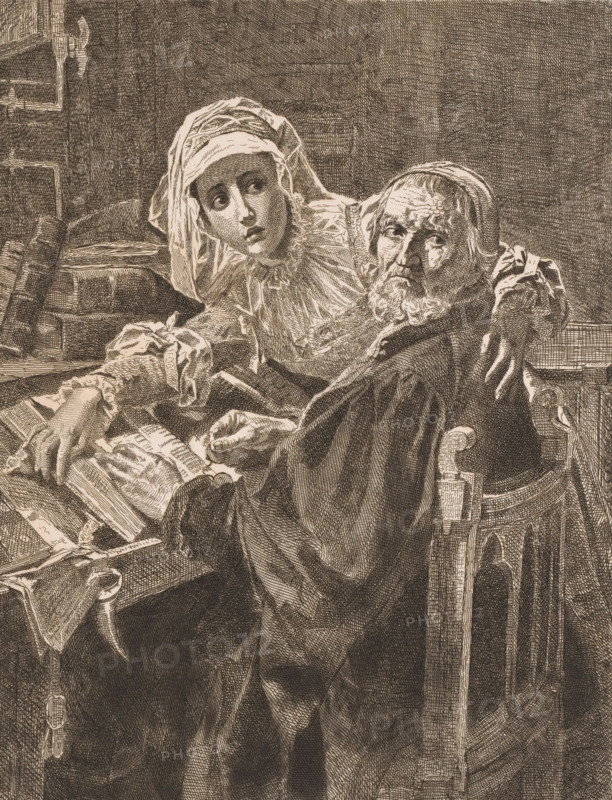 Old man and a woman reading forbidden literature, print, inscription: '1e Etat', printmaker: Jean Baptiste Pierre Michiels (signed by artist), after painting by Karel Ooms, 1876 - 1890, paper, etching, roulette, intaglio printmaking technique, roulette and plate tone, height 399 mm x width 293 mm, adolescent, young woman, maiden, reading, reading the Bible or other religious books, old man, An elderly man with a beard sits in a carved wooden chair wearing a dark robe, his face turned toward the viewer with a furrowed expression, and a younger woman beside him leans close with a head covering and a ruffled collar, her eyes wide and looking outward; both have one arm resting on a cluttered wooden table covered with open books and stacked volumes, and the scene is rendered in dense etched lines with detailed crosshatching and a textured background.