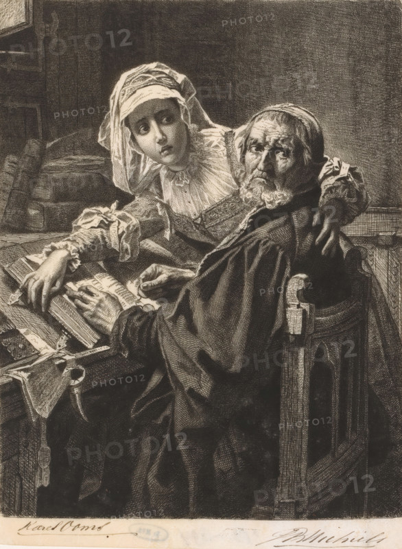Old man and a woman reading forbidden literature, print, printmaker: Jean Baptiste Pierre Michiels, after painting by Karel Ooms, 1876 - 1890, biological material, parchment (animal material), etching, roulette, intaglio printmaking technique, roulette and plate tone on parchment, height 276 mm x width 201 mm, adolescent, young woman, maiden, reading, reading the Bible or other religious books, old man, An older man with a beard sits in a carved wooden chair, wearing a dark robe and a head covering, his face turned toward the viewer with a furrowed expression while a young woman beside him leans in over his shoulder, wearing a light headdress and a ruffled collar, her gaze directed outward and her hand resting on an open book on a cluttered desk that holds papers, another book, and a small set of objects, all rendered in dense crosshatched lines against a dark textured background.