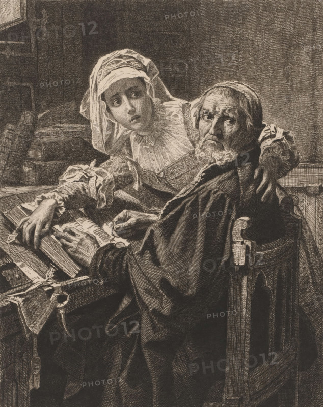 Old man and a woman reading forbidden literature, Lecture promibée au Michiels, printmaker, after painting by, printer (person), Karel Ooms, paper, chine collé, etching, roulette, intaglio printmaking technique, roulette and plate tone on chine collé, height 394 mm x width 298 mm, adolescent, young woman, maiden, reading, reading the Bible or other religious books, old man, A detailed monochrome etching shows an older bearded man seated in a carved wooden chair wearing a dark flowing robe, his face turned toward the viewer with a furrowed expression, and a younger woman leaning over his shoulder wearing a light headscarf and ruffled collar, her eyes wide and her mouth slightly open; their hands rest on an open book on a cluttered table strewn with additional closed books and rolled papers, and the scene is set against a textured wall and a partially visible window.