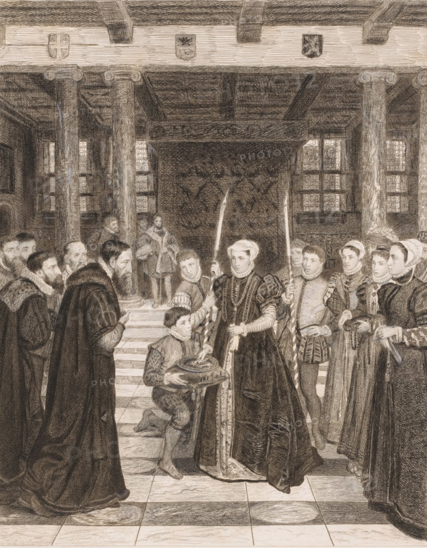 Margaretha van Parma hands over the city keys to the Antwerp magistrates in the city hall, print, inscription: '1e Etat retouchée d'apres la peinture', printmaker: Jean Baptiste Pierre Michiels (signed by artist), after painting by Henri Leys (baron), c. 1863 - 1890, Jean Baptiste Pierre Michiels, Henri Leys (baron), printmaker, after painting by, paper, pencil, etching, intaglio printmaking technique, etching with plate tone, worked with pencil, proof print, height 399 mm x width 295 mm, The print was made after the murals by Henri Leys in the City Hall of Antwerp. A later state of the plate is used in: Leys, Henri. The Leys Hall at Antwerp City Hall: seven copper cuts after the murals by Baron H. Leys. Antwerp: Museum Plantin-Moretus, 1902., Person, Regent of the Netherlands Margaret of Parma, town hall, key, interior, representation of a building, A detailed engraving of a grand interior shows a group of people gathered beneath a timbered ceiling with visible beams and carved shield...