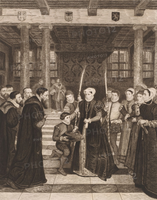 Margaretha van Parma hands over the city keys to the Antwerp magistrates in the city hall, print, inscription: '4th State', printmaker: Jean Baptiste Pierre Michiels (signed by artist), after painting by Henri Leys (baron), after 1863 - 1890, paper, chine collé, etching, intaglio printmaking technique, etching with plate tone, height 395 mm x width 295 mm, The print was made after the murals by Henri Leys in the City Hall of Antwerp. Print appeared in: Leys, Henri. The Leys Hall at the City Hall of Antwerp: seven copper cuts after the murals by Baron H. Leys. Antwerp: Museum Plantin-Moretus, 1902., Person, Regent of the Netherlands Margaret of Parma, town hall, key, interior, representation of a building, An indoor scene showing a group of people in historical clothing gathered in a large hall with tall columns, a coffered ceiling, and patterned windows; a central woman in a dark gown and head covering stands holding a tall staff while a kneeling youth in fitted clothes offers a shallo...
