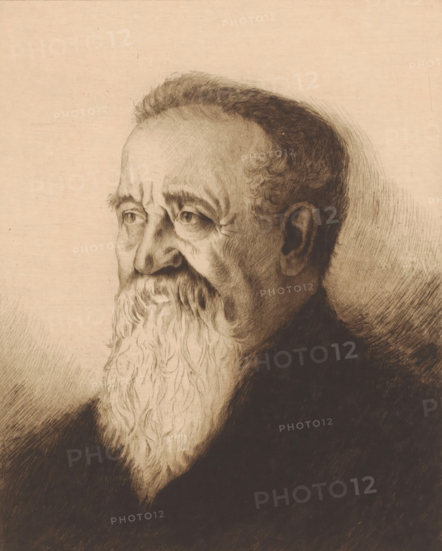 Portrait of an unknown man, print, printmaker: Georges Montenez (signed by artist), after design by Auguste Danse, 1893, paper, etching, drypoint, intaglio printmaking technique, plate tone and drypoint, height 296 mm x width 238 mm, historical persons, adult man, beard, A sepia-toned portrait drawing of an elderly man shown in profile from the shoulders up, featuring a high forehead with thinning hair, deep-set eyes with pronounced brows and eyelids, a long nose, detailed wrinkles around the eyes and forehead, a full flowing beard with textured, wavy strands, a visible ear, and dark shading around the neck and shoulders against a lightly textured background.