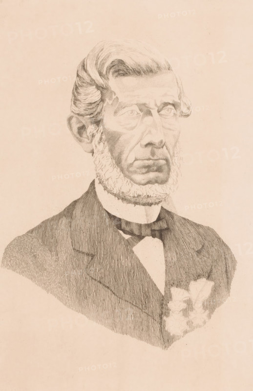 Portrait of an unknown man, possibly Dorzée, print, inscription: '1e état, Mons 7x em 1897', printmaker: Georges Montenez (signed by artist), 1897, paper, chine collé, etching, intaglio printmaking technique, etching with plate tone on chine collé, height 293 mm x width 199 mm, In the inventory entitled: Portrait of the mayor Dorzée., historical persons, adult man, beard, A sepia-toned line drawing of a man shown from the chest up wearing a dark suit jacket and a shirt with a bow tie, his hair is combed back with wavy side locks and he has prominent sideburns and a full beard framing his jaw, his face shows detailed crosshatching emphasizing cheekbones, a long nose, and a serious expression with eyes looking slightly upward, a floral decoration is pinned to his jacket, the background is plain and unadorned.