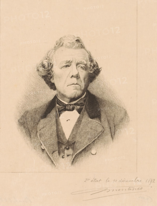 Portrait of an unknown man, print, inscription: 'Portrait d un pasteur protestant anglais', inscription: '2e état le 11 décembre 1892', printmaker: Georges Montenez (signed by artist), 1892, paper, etching, height 260 mm x width 201 mm, historical persons, adult man, A sepia-toned portrait drawing of a middle-aged man shown from the chest up, with wavy hair styled away from his forehead and curling at the sides, a serious expression, slightly downturned mouth, and eyes looking forward. He wears a dark jacket with wide lapels over a vest and a collared shirt, and a bow tied at his neck. Fine crosshatching and shading define the contours of his face, hair, and clothing, and the portrait is set against a plain background with a faint vertical line near one edge and faint handwriting along the bottom edge of the page.