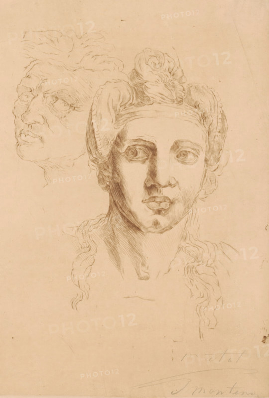 Two female heads, Negress after Michelangelo (former title), print, inscription: '1e etat, 2 epreuve', printmaker: Georges Montenez (signed by artist), after design by Michelangelo, 1883 - 1913, paper, etching, intaglio printmaking technique, etching with plate tone, height 278 mm x width 200 mm, adult woman, head (human), A sepia-toned pencil sketch of two classical-style faces on textured paper, one large frontal three-quarter portrait of a youthful face with braided hair and a headband, detailed eyes, nose, and lips, and a smaller profile sketch of an older face with pronounced features positioned behind and to the left, with visible pencil shading and linework and faint additional sketch marks and smudges on the surrounding paper.