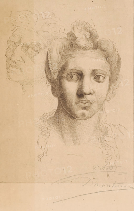 Two female heads, Negress after Michelangelo (former title), print, inscription: '2e etat, 2 épreuve', printmaker: Georges Montenez (signed by artist), after design by Michelangelo, 1883 - 1913, paper, etching, intaglio printmaking technique, etching with plate tone, height 274 mm x width 200 mm, adult woman, head (human), A sepia-toned pencil drawing of a head and shoulders study showing a front-facing young person with large eyes, full lips, and a contemplative expression, wearing a headdress with rounded side elements and a central knot; detailed shading defines the facial planes and neck, and wavy hair strands fall to the shoulders. To the left and slightly behind the main head is a lightly sketched profile of an older face with prominent features and a different hairstyle. The paper shows faint creases and smudges and a pencil curve and flourish near the lower area.