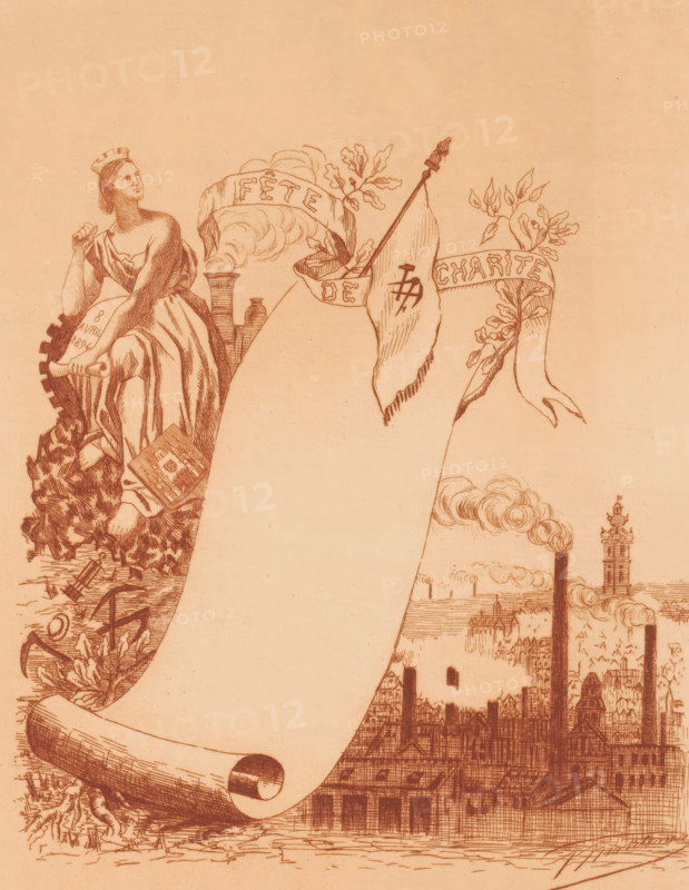 Invitation to a charity ball, print, invitation, On the left, a personification of the proposed city with a coat of arms at the feet. A compass, pickaxe, and hammer are depicted on the flag in the center. In the lower right, the silhouette of a city with many industrial buildings., printmaker: Georges Montenez, 1894, paper, etching, intaglio printmaking technique, etching with plate tone in reddish-brown, height 277 mm x width 199 mm, factory-building, city-view, and landscape with man-made constructions, personification of a city, town-patron(ess), banner, standard (as symbol of the state, etc.), A sepia-toned illustration shows a seated woman wearing a crown-like headpiece and draped clothing, holding a scroll and sitting on a gear surrounded by foliage and rubble, with a steam-emitting chimney and a small bottle behind her; a flag on a pole with a symbol hangs near leafy branches and a ribbon, and a large blank scroll curves across the center; below and to the right there is an indu...