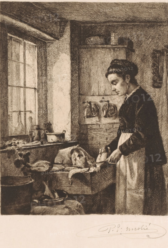 Woman preparing fish in a kitchen, print, mark: 'Antwerpsche Etsers 1880', printmaker: Paul Emile Nicolié, 1876, paper, etching, intaglio printmaking technique, etching with plate tone, height 380 mm x width 282 mm, adult woman, fishes, kitchen-interior, sink (kitchen), A monochrome etching of an interior scene shows a woman standing at a table near a window, wearing a dark dress with a light apron and her hair coiled up, looking down as she works with her hands on an object on the table. The window to her left has multiple panes and a sill holding bottles and a small pitcher, and light falls across the wall beside it. Around the woman are earthenware vessels and bowls on shelves and a counter, a cloth draped over the table, and utensils and foodstuffs arranged nearby. Behind her a cabinet with decorative faucets and a shelf holding plates or dishes is visible, and the room is textured with crosshatched shading and detailed line work throughout.