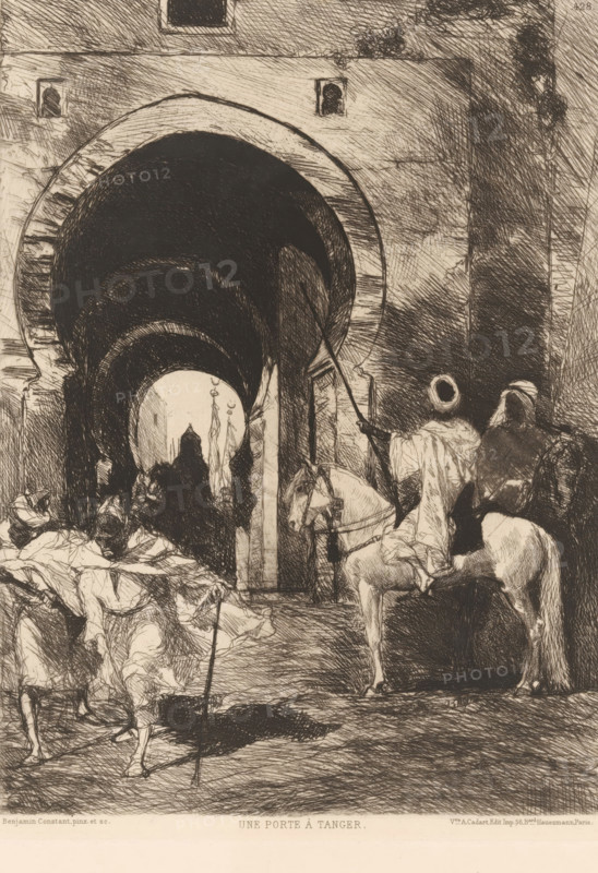 Gate in Tangier, Une porte à Tangier., Illustration Nouvelle, print, Numbered top right: 428., printmaker: Benjamin Constant (1845-1902), France, publisher: widow Alfred Cadart, Paris, 1878, paper, etching, drypoint, intaglio printmaking technique, height 272 mm x width 199 mm, riding a horse, ass, or mule, rider, horseman, gate, entrance, North Africa, Tangier, An archway carved into a stone wall fills the upper portion of the image, with successive darkened arches receding into the distance and a bright circular opening visible through them; to the right of the arch a shadowed vertical wall is textured with crosshatched shading; near the archway entrance several figures in flowing robes are depicted in sketchy, hatched lines, some standing and some seated, and one mounted figure on a horse is shown in profile with the rider wearing a headwrap and holding a long staff; in the foreground more robed figures and draped fabrics are rendered with energetic, varied hatchwork, and the ground...