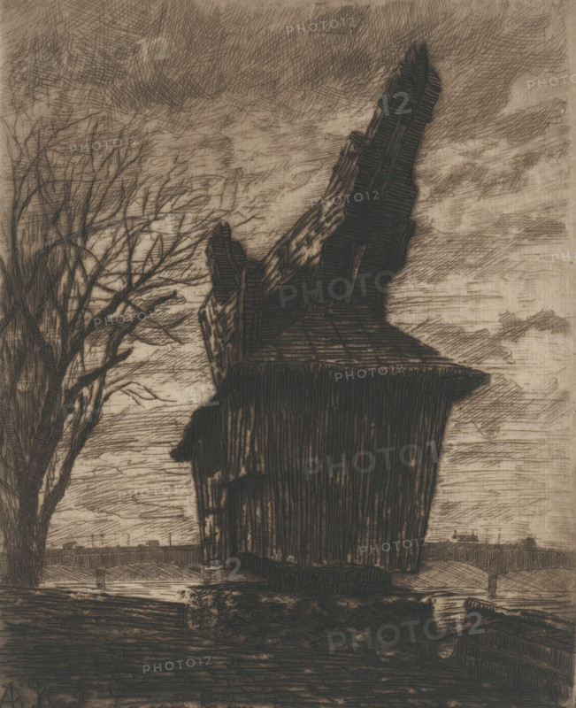 View of the crane on Quai d'Orsay in Paris, Grue du Quai d'Orsay., print, printmaker: Alexis Forel (signed by artist), 1862 - 1913, paper, etching, drypoint, intaglio printmaking technique, drypoint a plate tone in brown, height 246 mm x width 199 mm, city-view in general, 'veduta', dock crane, bridge, Paris, Quai d'Orsay, A textured monochrome drawing showing a tall, dark wooden structure with a steep, irregular roof occupying the right side, a leafless tree with many fine branches to the left, a low stone bridge with arched openings stretching across the middle ground, and a cloudy sky marked by crosshatched shading above.
