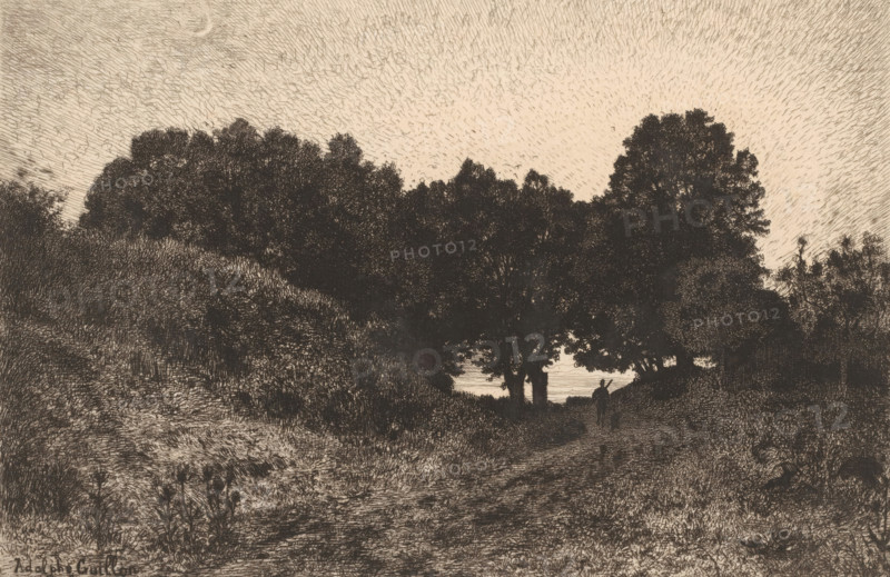 View of a landscape near Vézelay, Un soir à Vezelay, print, Numbered top right: 440., printmaker: Adolphe Guillon, Vézelay, France, publisher: widow Alfred Cadart, Paris, 1878, paper, etching, intaglio printmaking technique, height 237 mm x width 316 mm, forest, wood, hunter, A monochrome landscape showing dense, dark foliage forming a canopy against a lighter sky, with textured shading throughout. A path leads through the center toward a brighter opening at the horizon, flanked by tall trees and thick undergrowth. Two small silhouetted figures stand on the path near the tree line. The sky above is filled with fine, radiating hatch lines and subtle circular shading. The foreground contains grassy and brushy terrain with layered strokes and varied textures.
