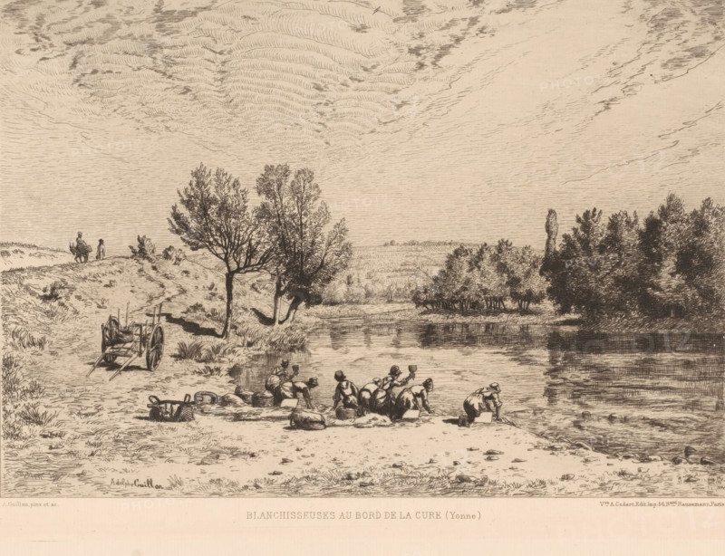 Blanchisseuses au bord de la Cure (Yonne), Washerwomen at the Cure, print, Numbered top right: 447., printmaker: Adolphe Guillon, France, publisher: widow Alfred Cadart, Paris, 1875 - 1882, paper, etching, intaglio printmaking technique, drypoint, height 205 mm x width 285 mm, bleaching (laundering), Cure, A sepia-toned landscape showing a riverbank with a group of people gathered at the water’s edge, some bending and reaching toward the water while others sit or kneel among bundles and baskets; a few trees stand near the shore with reflected dark shadows in the water and a dense cluster of trees farther across the river; a dirt path winds along the bank past an empty wooden cart with large wheels and a lone rider and a standing figure visible on the distant ridge; the sky above is filled with textured, finely hatched cloud patterns.