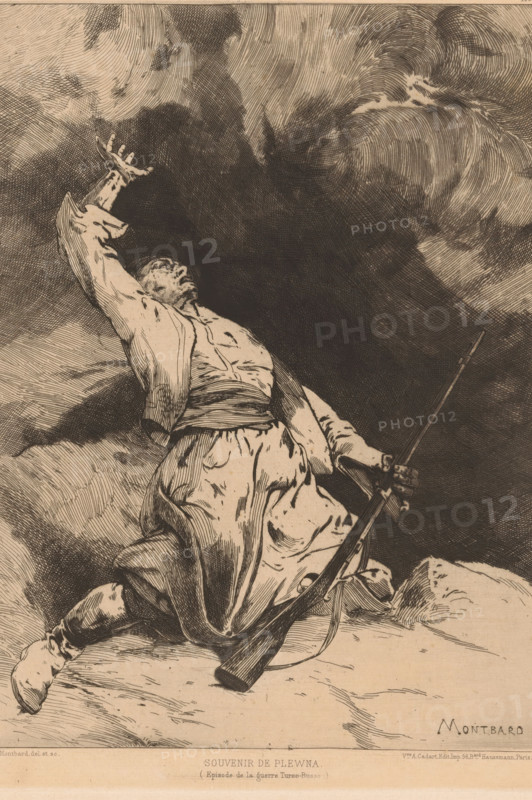 Souvenir de Plewna (Episode de la guerre Turco-Russo), Falling soldier, print, Numbered top right: 419., printmaker: Charles Auguste Loye, publisher: widow Alfred Cadart, Paris, 1875 - 1882, paper, etching, intaglio printmaking technique, height 278 mm x width 196 mm, the soldier, the soldier's life, dying, A monochrome etching shows a man kneeling on uneven ground with one arm raised upward and his head tilted back, his face turned toward the sky; he wears loose, draped clothing with a wide sash around his waist and a long garment that folds and creases around his legs, and his other hand grips a long rifle that rests along his thigh and extends toward the lower edge of the image; the background is filled with dense, swirling dark strokes suggesting turbulent clouds, and the lower margin of the image contains printed elements and a small signature at the right edge.