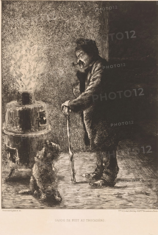 Night watchman with dog by stove, Garde de nuit au Trocadéro, print, Numbered top right: 437., printmaker: Paul Renouard (1845-1924), publisher: Alfred Cadart, Paris, 1855 - 1913, paper, etching, intaglio printmaking technique, height 281 mm x width 230 mm, warming oneself at a fire (or hearth, stove, fire-pan, brazier), heating stove, A man wearing a coat and hat stands leaning on a long cane, a pipe in his mouth, his face turned toward a small dog that sits on the floor looking up; to the left a cylindrical stove emits a bright flame and textured smoke that fills the space, and the scene is rendered in dense, crosshatched lines with a dark vertical area behind the standing figure.