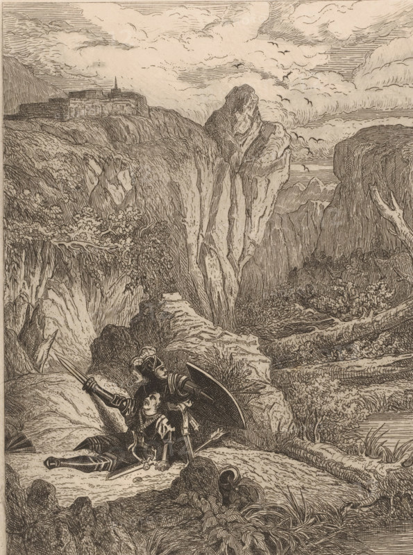 Two knights in armor defending each other in a rocky landscape, print, printmaker: attributed to Auguste Numans, 1833 - 1879, Attributed to, paper, etching, intaglio printmaking technique, drypoint, height 330 mm x width 245 mm, hacking and thrusting weapons: sword, knight, protective weapons: shield, ravine, chasm, abyss, canyon - HH - ideal landscapes, A detailed monochrome etching shows a rugged landscape of steep cliffs and rocky outcrops with textured vegetation and winding paths, clouds and flocks of birds in the sky, a distant cliff-top settlement with a spire visible, and in the foreground two armored figures reclining among rocks, one holding a shield and spear while the other lies with a sword and helmet nearby.