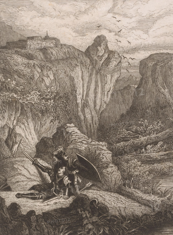 Two knights in armor defending each other in a rocky landscape, print, printmaker: attributed to Auguste Numans, 1833 - 1879, Attributed to, paper, chine collé, etching, drypoint, intaglio printmaking technique, height 330 mm x width 245 mm, hacking and thrusting weapons: sword, knight, protective weapons: shield, ravine, chasm, abyss, canyon - HH - ideal landscapes, A detailed monochrome engraving of a rocky coastal landscape with steep cliffs and a distant fort perched on a high plateau beneath a sky filled with layered clouds and flying birds, a large jagged rock formation rising near the center, vegetation clinging to slopes, winding paths and rocky ledges, and in the foreground a fallen armored figure leaning against another kneeling figure holding a shield and a spear, armor pieces and a helmet scattered nearby among grasses and stones.