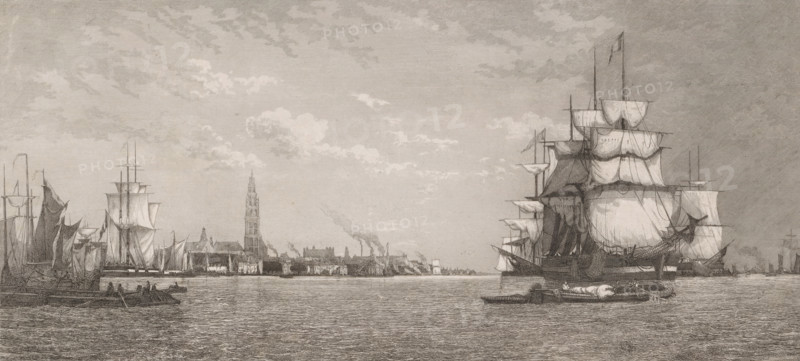 View of Antwerp from the Scheldt, print, printmaker: Auguste Numans, Belgium, after design by Paul Jean Clays, 1833 - 1883, paper, chine collé, etching, height 300 mm x width 537 mm, harbour, river, quay, Antwerp, A wide waterscape showing a harbor with multiple sailing ships and smaller boats; on the right a large multi-masted ship with many furled and billowing sails dominates the scene, with rigging and spars visible, and a small boat alongside it. Toward the left several other tall ships and smaller craft are moored or under sail, their sails in various states of furledness. A town shoreline stretches between the groups of vessels, with low buildings and a tall tower rising above the rooftops. The water in the foreground has fine rippling texture, and the sky above is filled with scattered clouds rendered in soft shading.