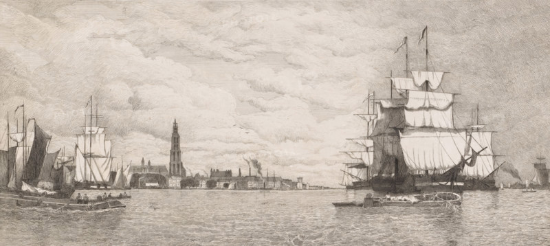 View of Antwerp from the Scheldt, print, Hippert&Linnig 63, printmaker: Auguste Numans (signed by artist), Belgium, after design by Paul Jean Clays, 1833 - 1883, paper, chine collé, etching, height 300 mm x width 537 mm, harbour, river, quay, Antwerp, A wide sepia-toned engraving showing a harbor scene with multiple sailing ships of varying sizes, their masts and unfurled square sails detailed with fine line work, and smaller rowboats on the water with figures aboard. In the foreground, a large fully rigged ship dominates the right side, its sails billowing and rigging visible, while clusters of smaller vessels and boats occupy the left and center foreground. A low waterfront city stretches across the middle distance with a prominent tall tower rising above the other buildings, chimneys and rooftops outlined against the sky. The water shows gently rippling waves rendered with parallel lines, and a sky filled with layered, textured clouds fills the upper portion of the image. Several bi...