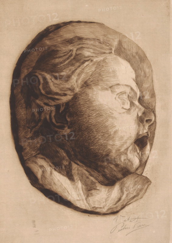 Child's head with open mouth, print, annotation: '1er etat', printmaker: Pierre Peeters (signed by artist), after sculpture by Duquesnoy, c. 1875 - in or before 1913, Pierre Peeters, Duquesnoy, printmaker, after sculpture by, paper, etching, drypoint, intaglio printmaking technique, height 318 mm x width 226 mm, A sepia-toned etched portrait of a sleeping infant's head shown in profile with closed eyes and slightly open mouth, detailed crosshatching and line work depicting curly hair, soft facial contours, and rounded cheeks, the head set against an oval shaded background on a plain textured paper surface.