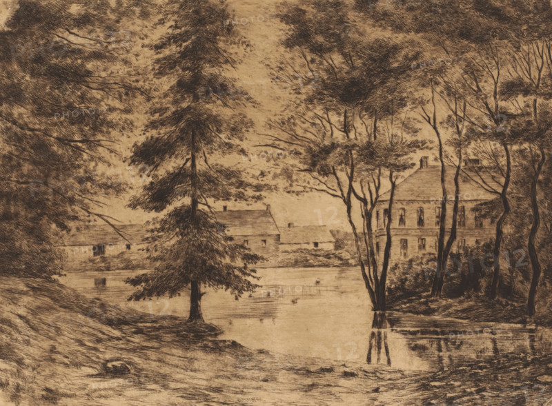 View of Ghlin Castle, print, annotation: '1er état', printmaker: Ch. Perrin (signed by artist), c. 1850 - in or before 1913, paper, etching, intaglio printmaking technique, height 247 mm x width 328 mm, A sepia-toned etching showing a tranquil waterside scene with tall trees in the foreground and across the water, a cluster of buildings partially obscured by tree trunks and branches; a large conifer stands near the center with dense foliage while slender deciduous trees with bare trunks rise nearby, their reflections visible in the calm water below; to the right a multi-story house with a steep roof and rectangular windows peeks through the trees, and to the left low-roofed structures sit closer to the waterline, all rendered with fine crosshatching and delicate linear textures that define foliage, rooftops, and the gently undulating ground.
