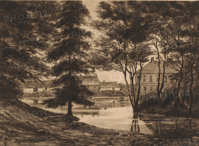 View of Ghlin Castle, print, annotation: '2ème état retouché', printmaker: Ch. Perrin (signed by artist), c. 1850 - in or before 1913, paper, etching, drypoint, intaglio printmaking technique, height 247 mm x width 328 mm, A sepia-toned landscape sketch showing a body of water in the middle ground with reflections on its surface, framed by large, leafy trees and tall slender trunks on either side, a prominent coniferous tree near the center-left, grassy sloping banks in the foreground, and a cluster of buildings with pitched roofs and rectangular windows partially visible through the trees on the right and in the background.