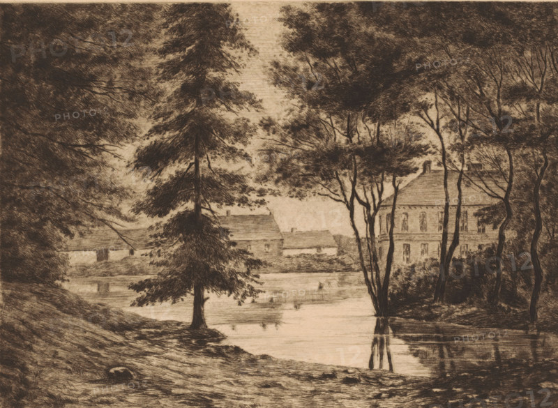 View of Ghlin Castle, print, annotation: 'dernier état', printmaker: Ch. Perrin (signed by artist), c. 1850 - in or before 1913, paper, etching, drypoint, intaglio printmaking technique, height 247 mm x width 328 mm, A sepia-toned etching showing a wooded riverside scene with tall trees in the foreground and middle ground whose trunks and leafy canopies frame a calm body of water, reflections of trunks visible on the water's surface. Beyond the trees, on the far bank, there are pitched-roof buildings partially obscured by foliage, one larger house with multiple windows and a chimney standing out among smaller structures. The ground in the foreground slopes gently toward the water and is textured with crosshatched shading, while dense tree foliage fills the upper portion of the image, creating a layered contrast between dark leaves and lighter sky.