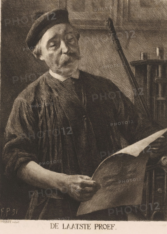 The final proof, Printer studying a proof, print, workshop stamp: 'Antwerp Etchers 1880', printmaker: Frans Proost (signed by artist), 1891, paper, etching, drypoint, intaglio printmaking technique, height 317 mm x width 236 mm, graphic artist, printer, An older man with a mustache and closed eyes wears a round cap and a loose, dark robe; he holds a hat in one hand and rests the other hand near it, while behind him a long thin object leans against a surface and a piece of furniture with cylindrical elements is visible.